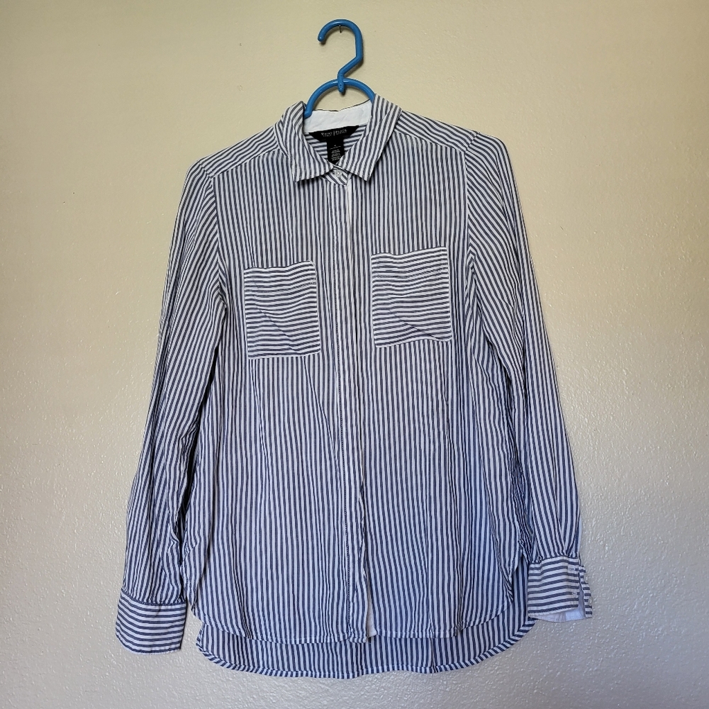 White House Black Market Navy Pinstripe Button-Up Blouse